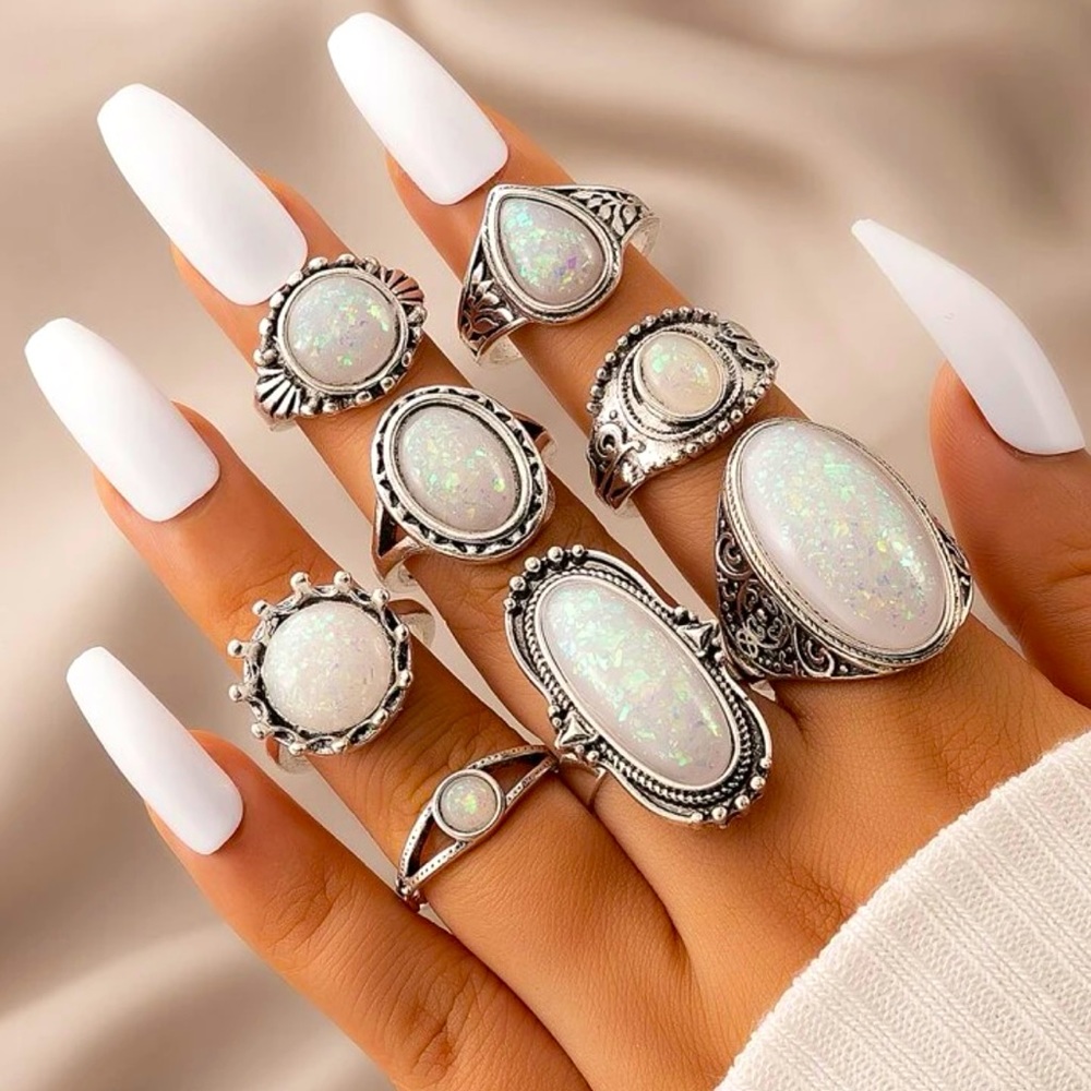 Opal Antique Silver Rings, 6 pcs Gemstone Rings, Random sizes
